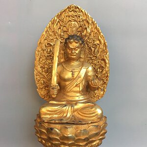 日本购尼泊尓藏传老v铜佛纯铜鎏金不动明王坐佛像摆件居家佛堂用