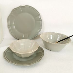 微瑕外贸复古陶瓷荷花碗家用牛排平盘大汤碗法式浮雕水果盘甜品碟