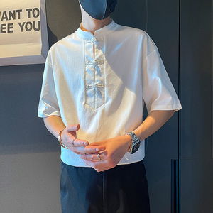 中国风排扣衬衫男短袖夏季白色寸衫五分袖2024新款潮牌半袖小衬衣