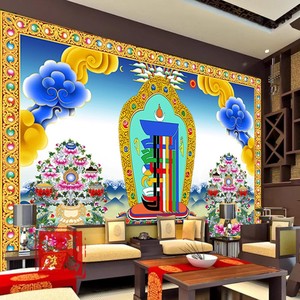 藏式背景墙纸唐卡十相自在民族风花纹客厅寺庙壁纸藏传特色壁画