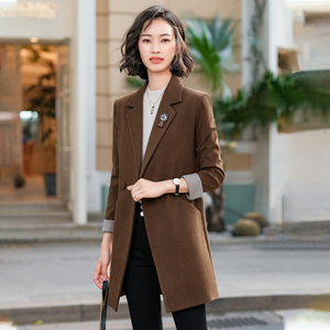 咖色西装外套女秋冬季加厚休闲韩版毛呢西服上衣中长款英伦风呢子