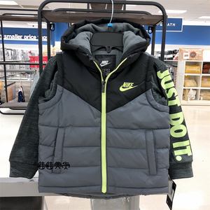 鲑鲑纽约go nike/耐克 男童假两件拼接马甲休闲连帽薄棉外套