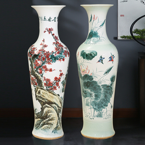 景德镇陶瓷器手绘雕刻富贵迎春落地大花瓶家居客厅现代中式装饰品