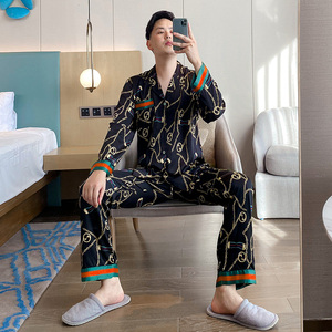 年古驰正睡衣男春秋冰丝cucci长袖长裤两件套装开衫黑色丝绸