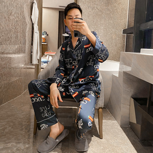年古驰正冰丝睡衣男cucci春秋长袖薄款开衫翻领时尚套装丝绸
