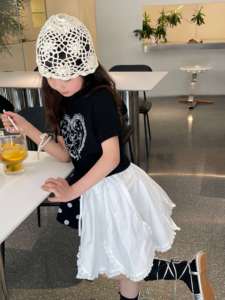 韩国童装小众设计师款夏季短裙花边大摆小白裙女童百搭纯棉花朵裙