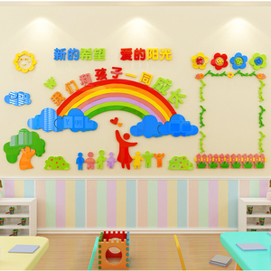 幼儿园彩虹墙面装饰班级教室文化照片墙贴家园联系宣传公告栏布置