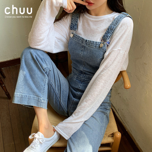 chuu牛仔阔腿背带裤直筒宽松女2020年新款显瘦小个子韩版高腰裤子