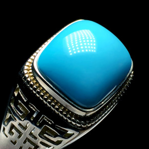 湖北十堰原矿高瓷绿松石男士戒指s925纯银镶嵌半宝石开口戒指包邮