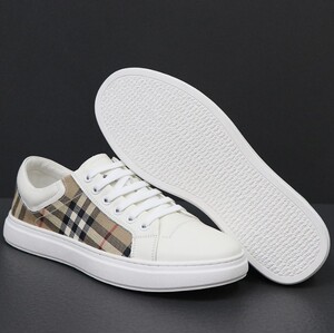 2022夏季新款洲站巴宝莉格男鞋真皮格子布透气休闲鞋板鞋小白鞋男