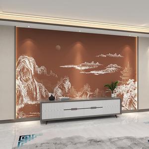 现代新中式古典山水阁楼墙纸书房壁纸客厅沙发卧室背景墙墙布壁画