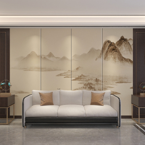 新中式硬包背景墙轻奢卧室花鸟山水水墨印花电视沙发床头客厅酒店