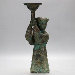 周鼎青铜器仿古摆件 青铜侍女灯 南北朝托灯侍女人物瓶古董收藏品