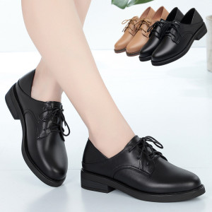 真皮正品蜘蛛王秋季舒适平底真皮女单鞋平跟休闲系带皮鞋女黑色工