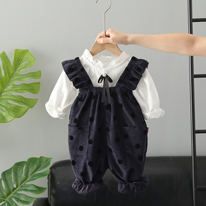 婴儿衣服女童秋季圆点背带裤套装6七8九个月女宝宝洋气可爱套装潮