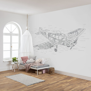 北欧简约客厅卧室墙纸铅笔画效果福克飞机机械图儿童房背景壁画