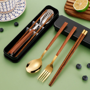 小学生筷子勺子套装木质三件套收纳盒子儿童上班族专用便携式餐具