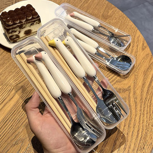 不锈钢勺子筷子叉子套装家用可爱儿童吃饭甜品汤匙长柄汤勺高颜值