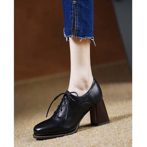 真皮英伦风小皮鞋深口粗跟单鞋女秋季22新款复古防水台圆头高跟鞋