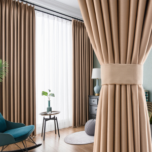轻奢北欧简约现代咖啡浅棕色条纹丝绸棉窗帘卧室客厅书房遮光窗帘
