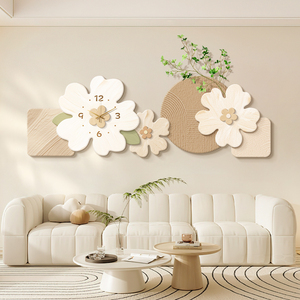 北欧奶油风客厅装饰画花卉沙发背景墙挂画高级感带时钟绿植墙壁画