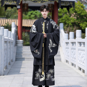 汉服男夏季黑色正版原创绣花表演服演出服学生中国风胖子大码古装
