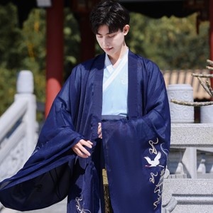 原创中国风汉服男交领上衣下裙大氅三件套复古刺绣仙鹤云纹古装