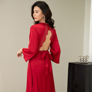 004人付款天猫潘琪美红色睡衣女长袖纯棉睡裙本命年新娘蕾丝长裙春秋