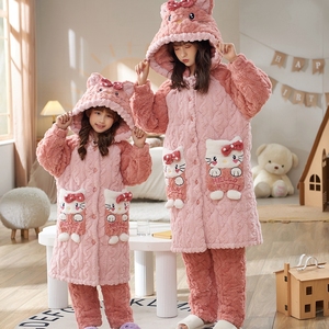 亲子睡衣母女儿童冬季三层加厚夹棉女童睡袍珊瑚绒保暖家居服套装