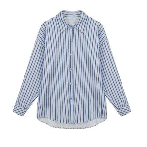 女蓝色百搭宽松白冲绳2021条纹长假日长袖春秋衬衫新款上衣