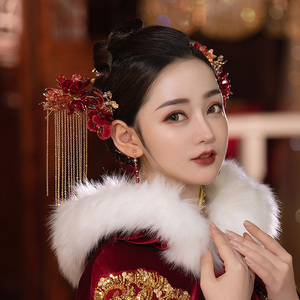 水舞u0679新娘头饰新款红色绒花侧边古装结婚礼秀禾服龙凤褂发饰