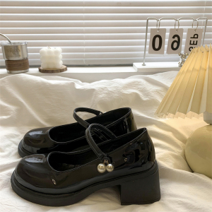 黑色粗跟厚底玛丽珍小皮鞋女鞋2024夏季新款中跟法式一字带单鞋子