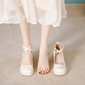 白色玛丽珍鞋女大东2024年新款交叉绑带配裙法式高跟鞋粗跟单鞋女