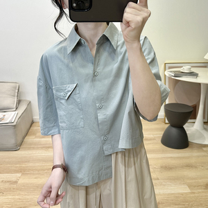 韩国不规则衬衫女2024夏季新款宽松大码显瘦小众设计感短款上衣