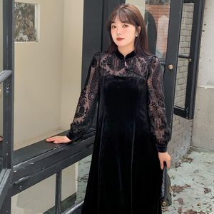 2023冬季新款大码黑色韩国绒连衣裙改良版复古盘扣旗袍新中式女裙