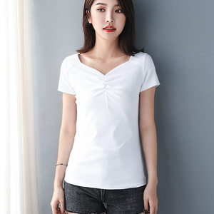 白色修身桃心V领短袖t恤女夏季新款纯棉褶皱设计感小众洋气体恤衫