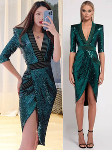 OLASTAGE澳洲设计师品牌ZHIVAGO闪片垫肩中长裙 时尚性感连衣裙