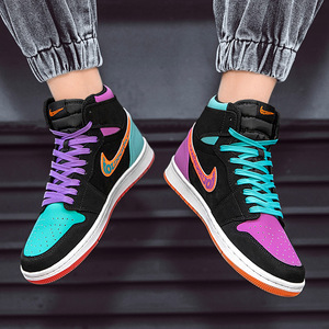 2021年秋冬aj黑紫鸳鸯女鞋官网aj变色龙小黑金学生情侣高帮鞋板鞋