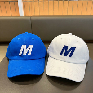 韩国潮牌风 蓝色贴布字母m棒球帽女 弯檐软顶鸭舌帽子男嘻哈街舞