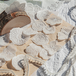 浮雕硫酸纸花朵玫瑰玉兰白茶立体余白手帐装饰雏菊线描素材30张