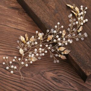 欧美金色合金叶子镶钻手工珍珠发链头饰发饰