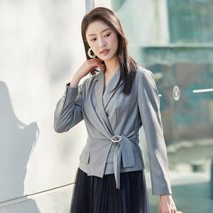 EMOO杨门2024春装新款西装女时尚灰色系带西服女装外套专柜同款