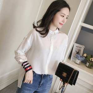 衬衫女2021秋季新款上衣韩版宽松拼接长袖雪纺白衬衣女设计感小众