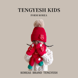 韩国TH新年红色儿童针织帽子冬男女童宝宝保暖毛线帽围巾手套三件