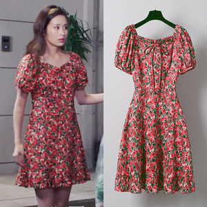 商场同款2022大颖儿林芸芸同款衣服红色碎花印花短袖夏季连衣裙女