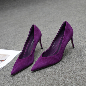 欧洲站2020秋季新款女鞋羊京绒尖头v口通勤单鞋紫色细跟高跟鞋女