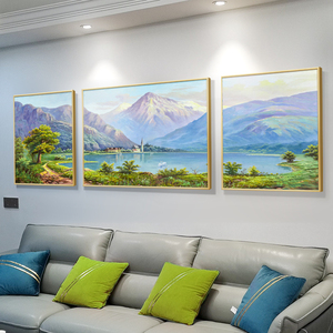 山水画聚宝盆手绘三联油画客厅沙发背景墙装饰画三幅风景高档挂画