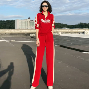 红色休闲运动套装女春秋2024新款时尚洋气减龄字母立领卫衣两件套