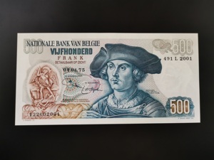 全新unc 1975年倒三版比利时500法郎 纸币 奥莱尔
