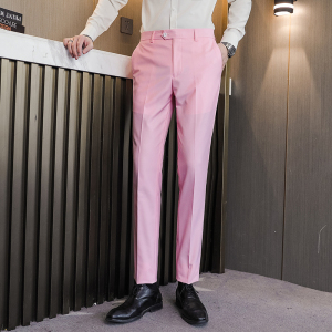 春款男士西装裤大码修身直筒纯色长裤日常休闲裤新郎婚礼粉色西裤